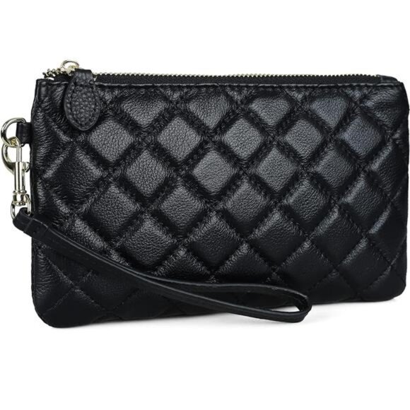 Women's Genuine Italian Leather Wristlet Diamond Quilted Black